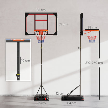 Basketball Hoop Outdoor Indoor, 210-260cm Height Adjustable Basketball Hoop with Wheels, Larger Base, for 6+ Years, Red