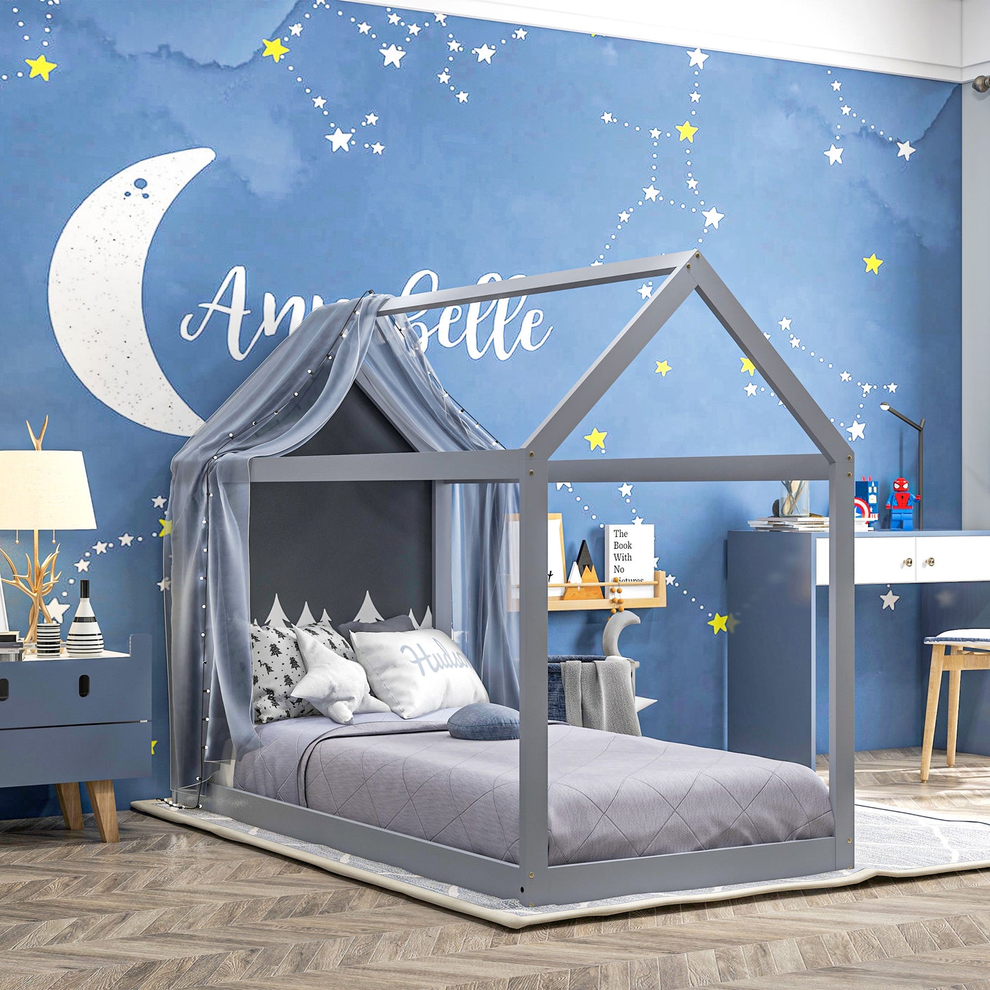 Single Bed Frame, House Scandinavian Style Wooden Bed Frame for 90W x 190Dcm Mattress, Pine Wood Bed Base, Grey