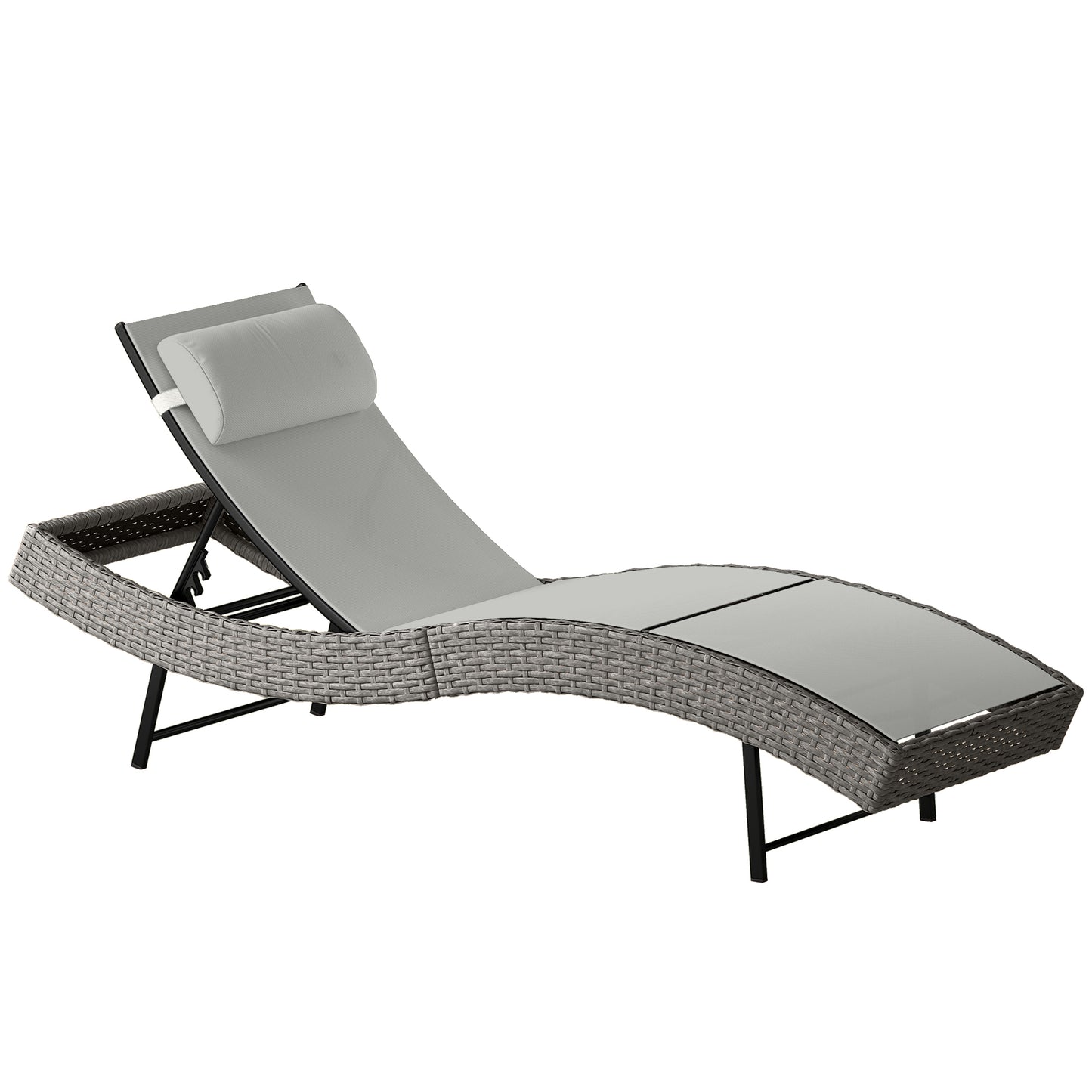Rattan Sun Lounger, Garden Recliner with 5 Position Adjustable Back, S Shaped Texteline Seat, Headrest, Light Grey