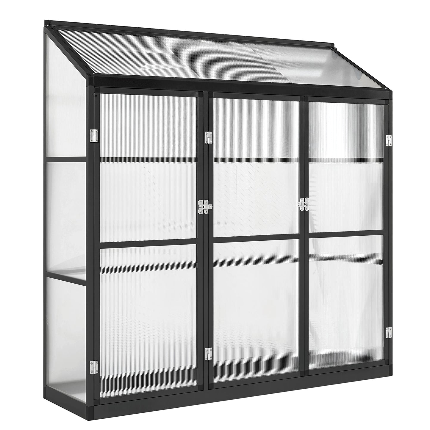 Polycarbonate Greenhouse with 3 Hinged Doors, Top Vent, Lean-to Green House, Walk-in Greenhouse, 6 x 1.5ft, Black