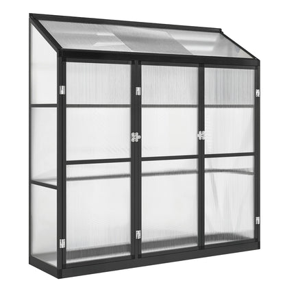 Polycarbonate Greenhouse with 3 Hinged Doors, Top Vent, Lean-to Green House, Walk-in Greenhouse, 6 x 1.5ft, Black