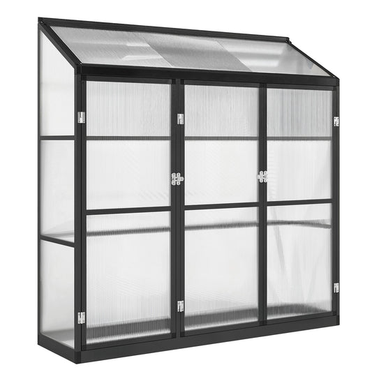 Polycarbonate Greenhouse with 3 Hinged Doors, Top Vent, Lean-to Green House, Walk-in Greenhouse, 6 x 1.5ft, Black