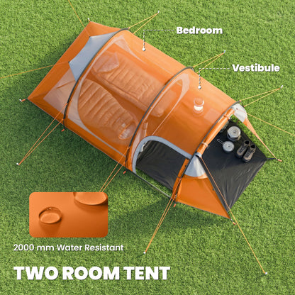 2 Man Tunnel Tent with Sewn-in Groundsheet, Air Vents, Rainfly, 2000mm Large Camping Tent with Bedroom, Porch