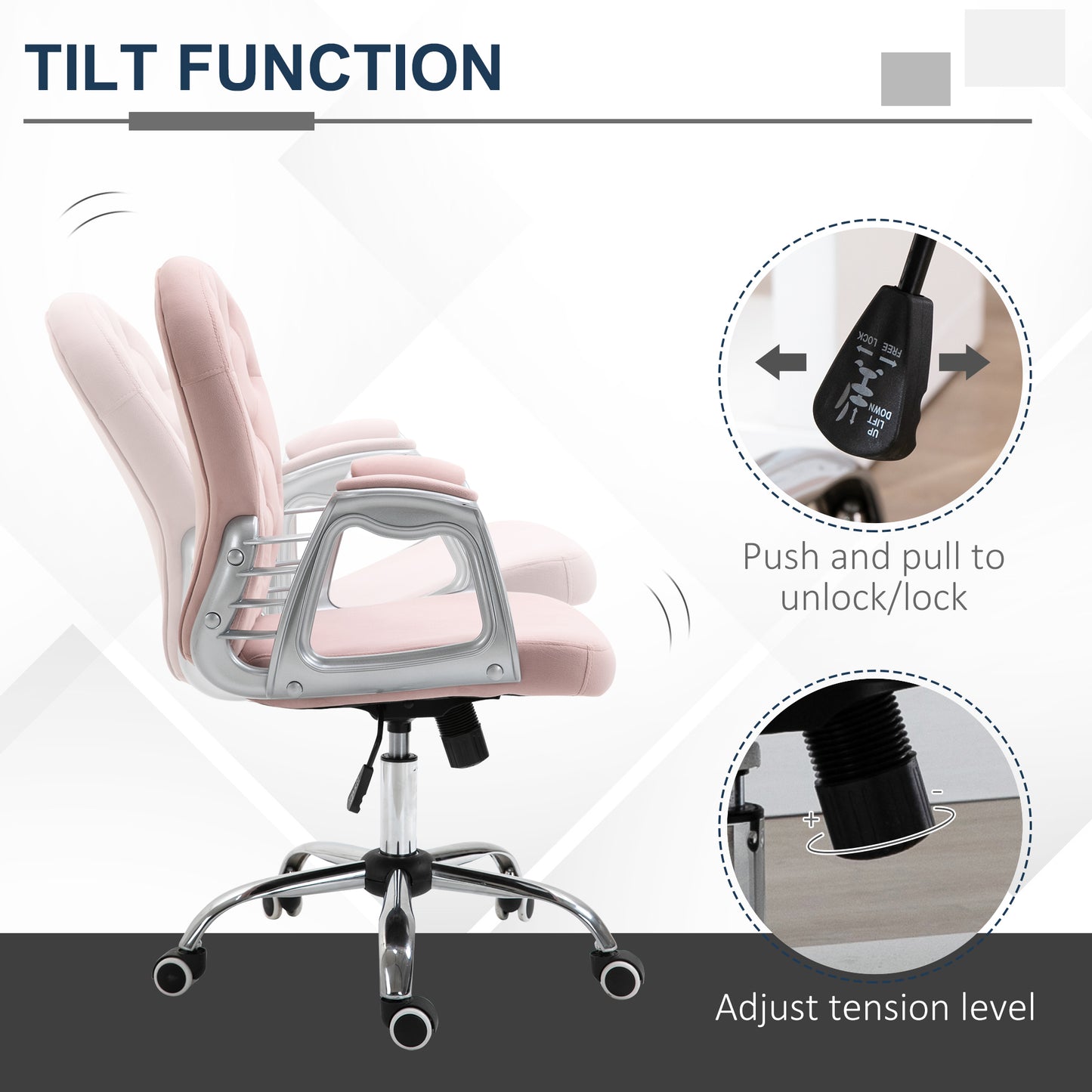Office Chair, Swivel Desk Chair, Velvet Vanity Chair with Adjustable Height and Rolling Wheels for Home Work Study, Pink