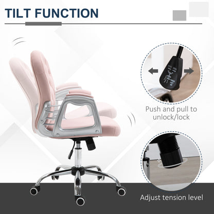 Office Chair, Swivel Desk Chair, Velvet Vanity Chair with Adjustable Height and Rolling Wheels for Home Work Study, Pink