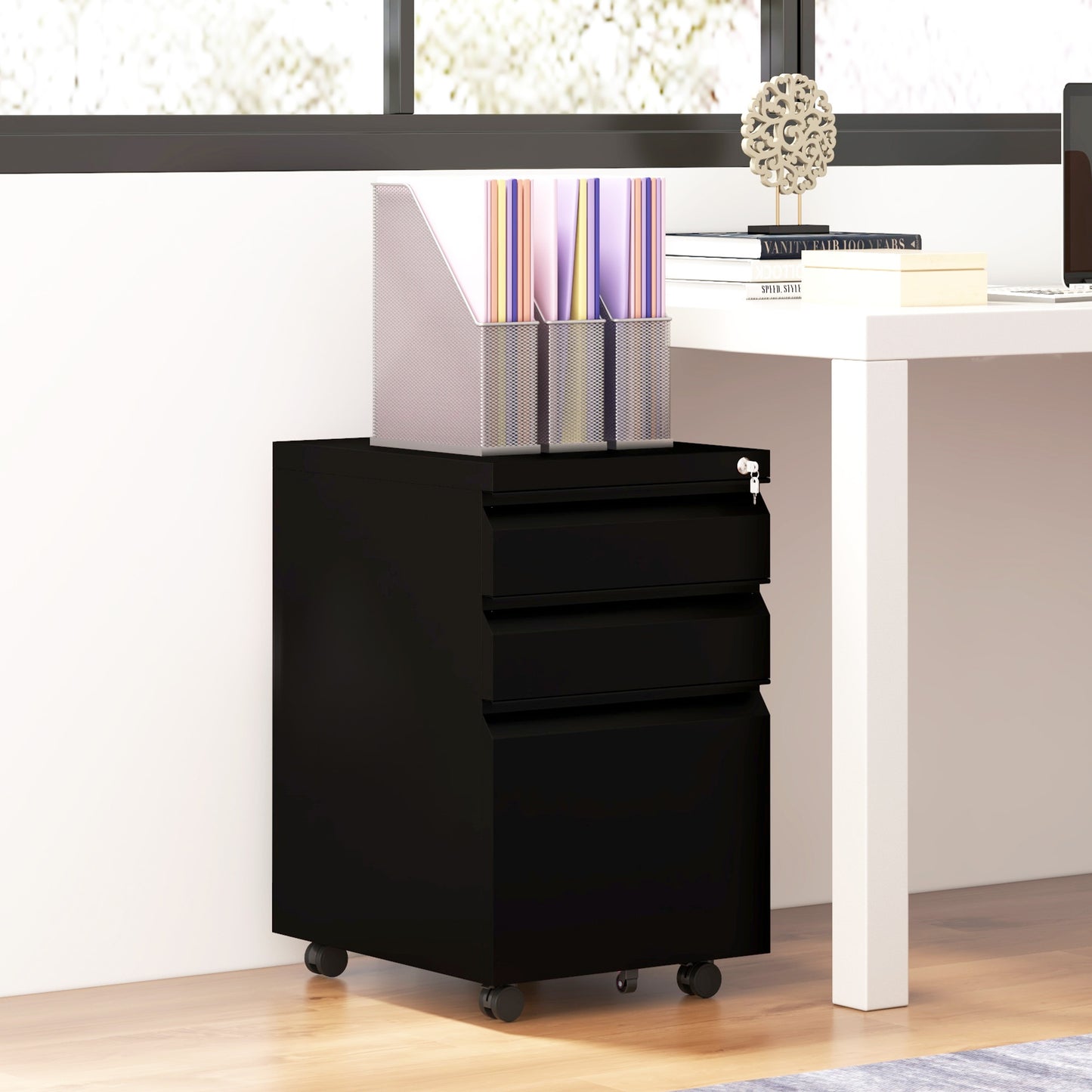 3-Drawer Filing Cabinet with Lock, Mobile Steel File Cabinet for A4, Legal and Letter Size, Under Desk Drawers