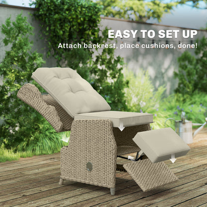 Rattan Garden Recliner Chair, Reclining Garden Chair with Adjustable Back and Footrest, Flip Table, Cushion, Brown