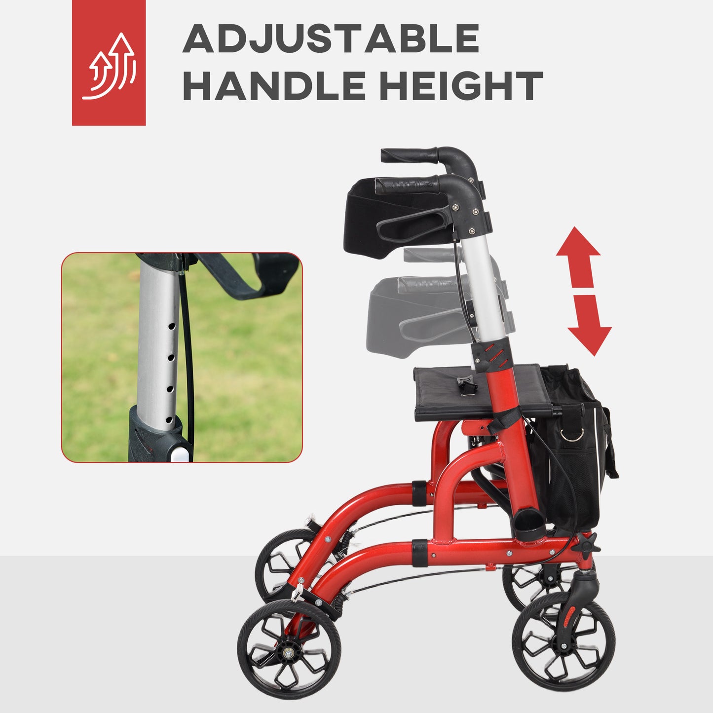 Lightweight Walking Frame, Folding Rollator Walker with Seat and Backrest, Red