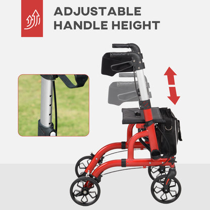 Lightweight Walking Frame, Folding Rollator Walker with Seat and Backrest, Red