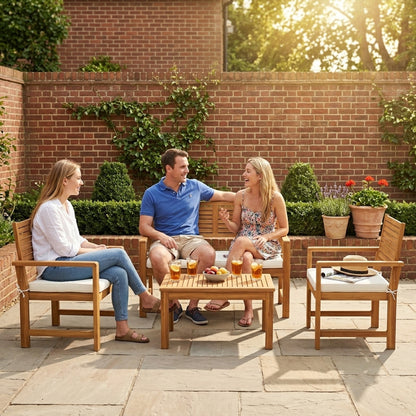 4 Seater Wooden Garden Furniture Set with Loveseat, Armchairs, Table, Acacia Wood Garden Sofa Set, Cream White