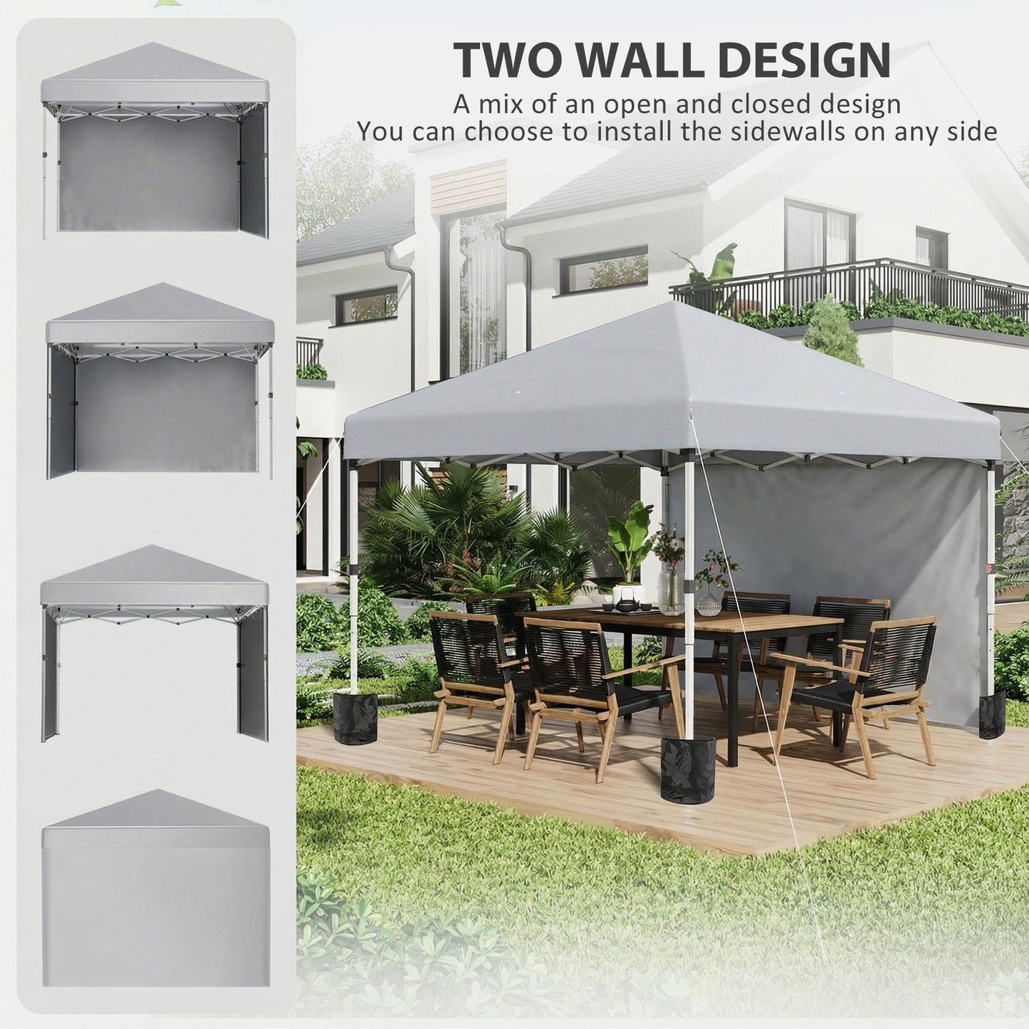 3 x 3 m Pop Up Gazebo, UPF 30+ Party Tent with 2 Sidewalls, Weight Bags and Wheeled Bag, Light Grey