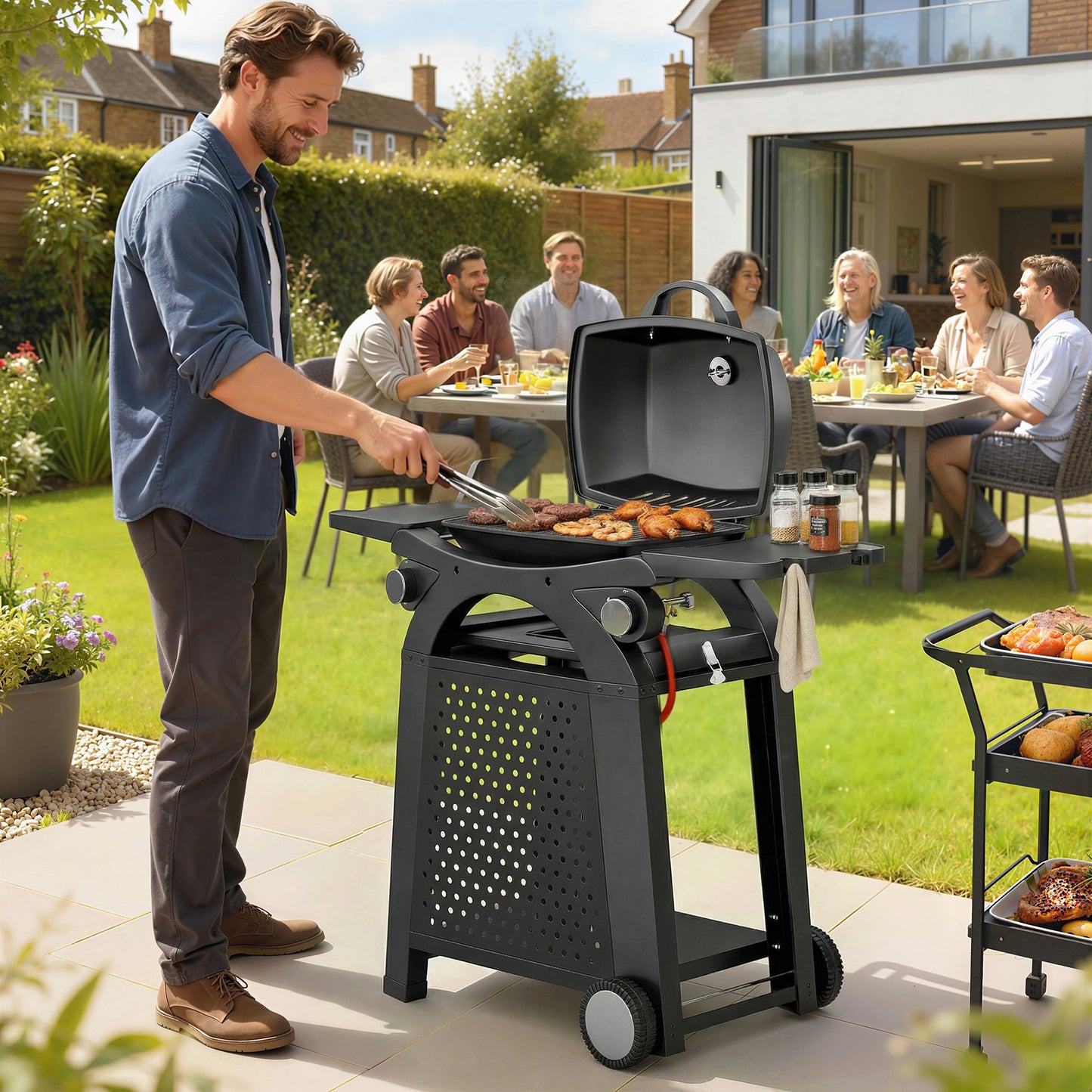 2 Burner Gas Grill with 2 Side Tables, 3.8 KW Barbecue Grill with Cast Iron Grates, 2-in-1 Tabletop BBQ with Wheels