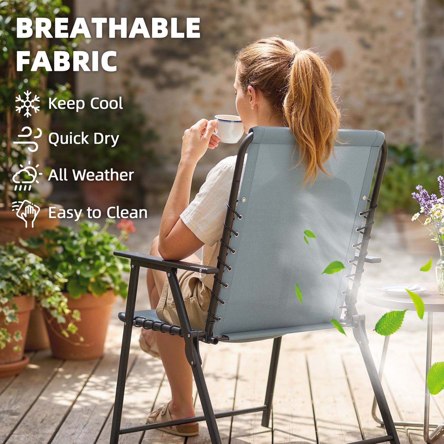 Folding Garden Chairs Set of 2, Outdoor Dining Chairs with Wide Texteline Seat, High Back and Armrests, Light Grey