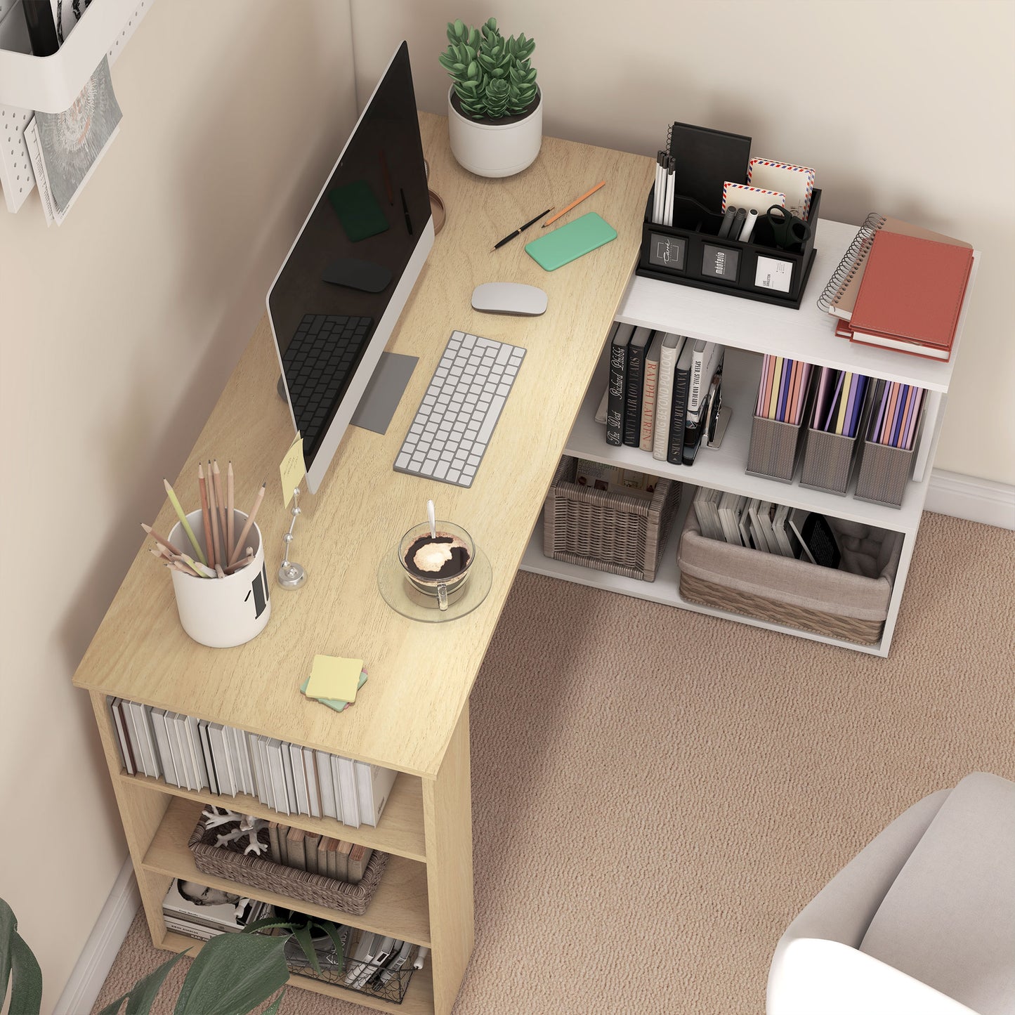 Corner Computer Desk, L Shaped Desk with 360° Rotating Bookshelf, 120L x 110W x 74.5H cm, Natural and White