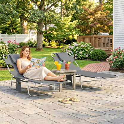 5-Position Adjustable Sun Loungers Set of 2 with Reading Hole and Side Pocket, Dark Grey