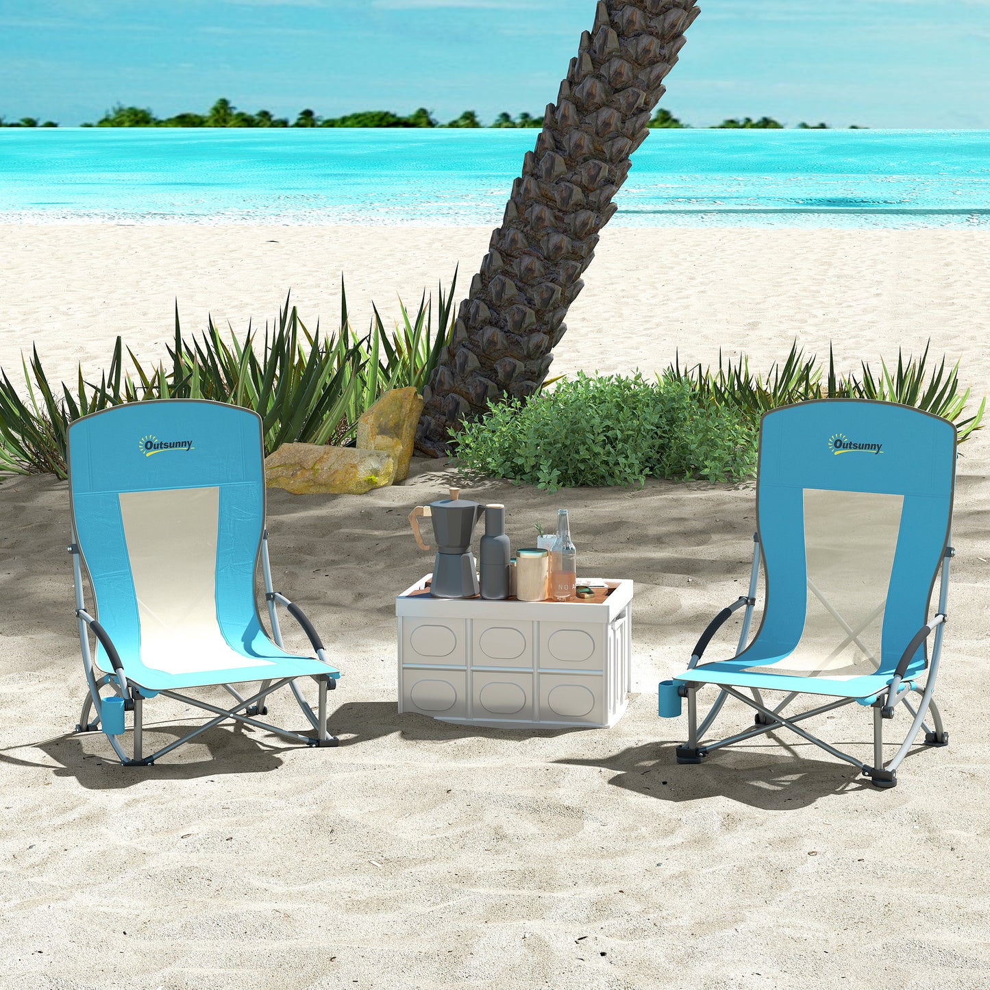 Set of 2 Folding Beach Chair, Low Camping Chair with Mesh Back