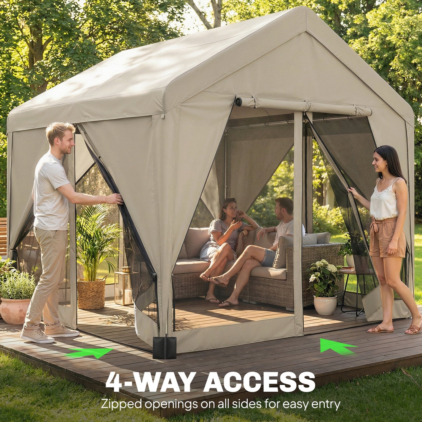 3 x 3 m Patio Gazebo with Netting & Curtains, Outdoor Canopy Shelter with Galvanised Steel Frame, Khaki