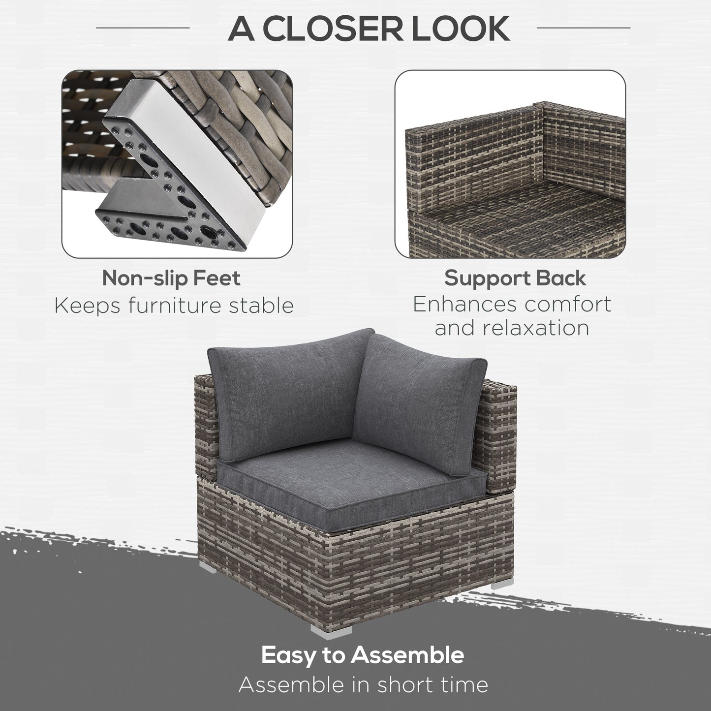 Outdoor PE Rattan Corner Sofa, Garden Wicker Furniture Single Sofa Chair w/ Cushions, Deep Grey