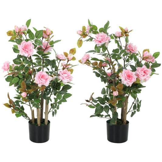 90cm Artificial Rose Tree Set of 2, Decorative Fake Plant with 344 Silk Leaves 17 Flowers for Outdoor Indoor Decor, Pink