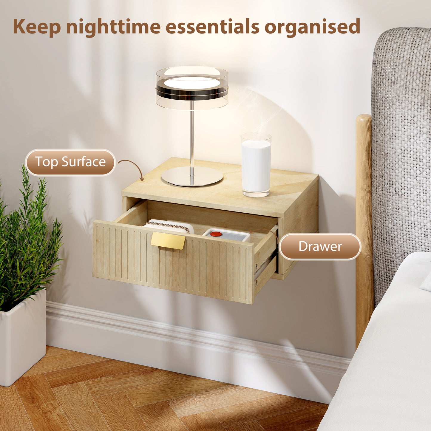 Modern Floating Nightstands Set of 2, Wall Mounted Bedside Tables with Wave Drawer Oak
