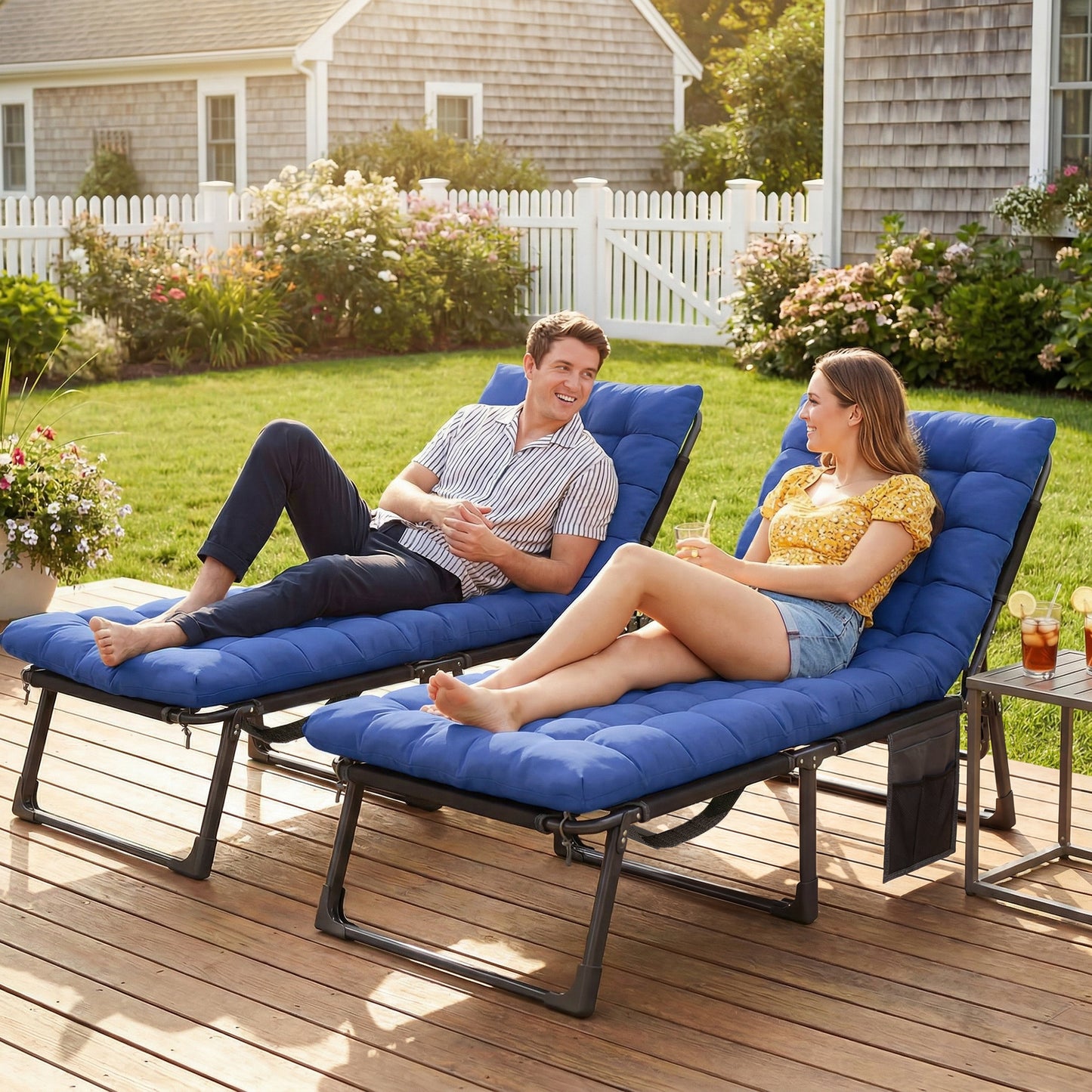 Folding Sun Loungers for Garden Set of 2, 5-Position Oversized Camping Bed Recliner with Cushions, Blue