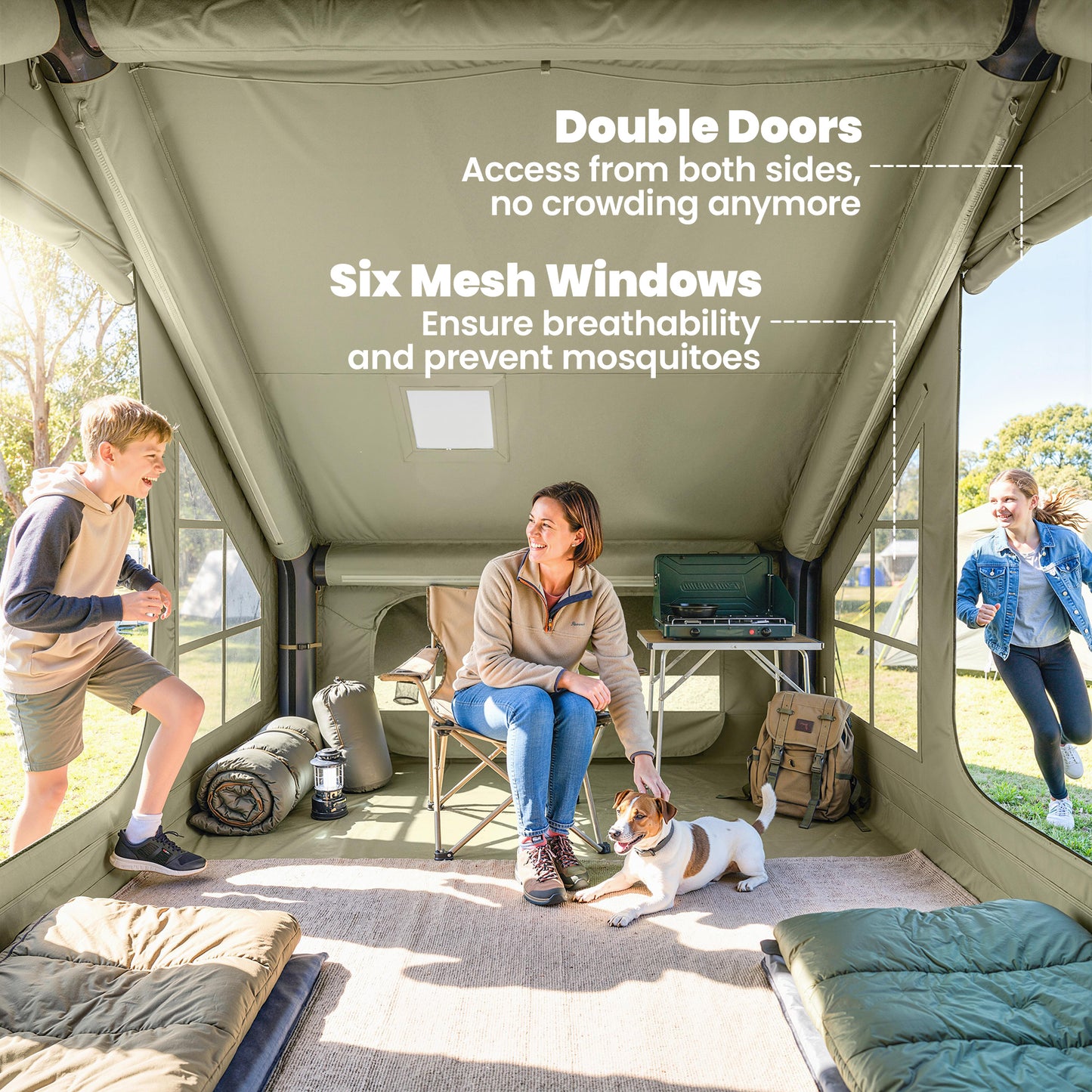Inflatable Camping Tent with Pump and Stove Jack Hole, Luxury Inflatable Tent with Mesh Windows, Doors, Olive Green