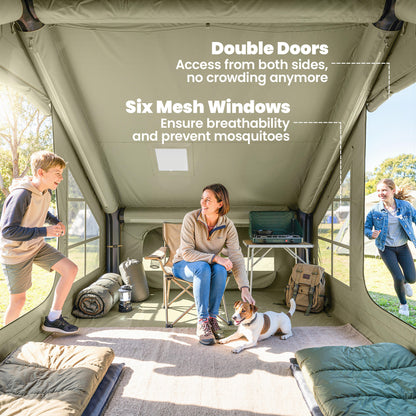 Inflatable Camping Tent with Pump and Stove Jack Hole, Luxury Inflatable Tent with Mesh Windows, Doors, Olive Green