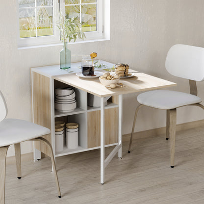 Foldable Drop Leaf Dining Table Folding Workstation for Small Space with Storage Shelves Cubes Oak & White