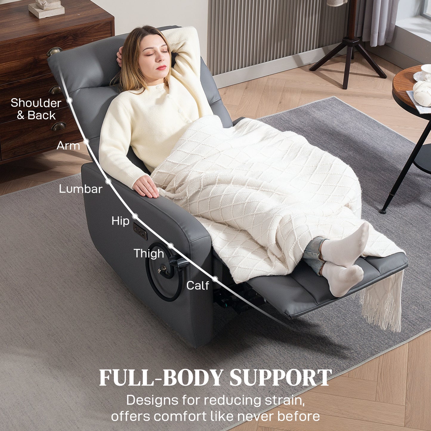 Electric Recliner Armchair with USB + Type C Charge Port, Phone Holder, PU Leather Reclining Chair with Adjustable Leg Rest
