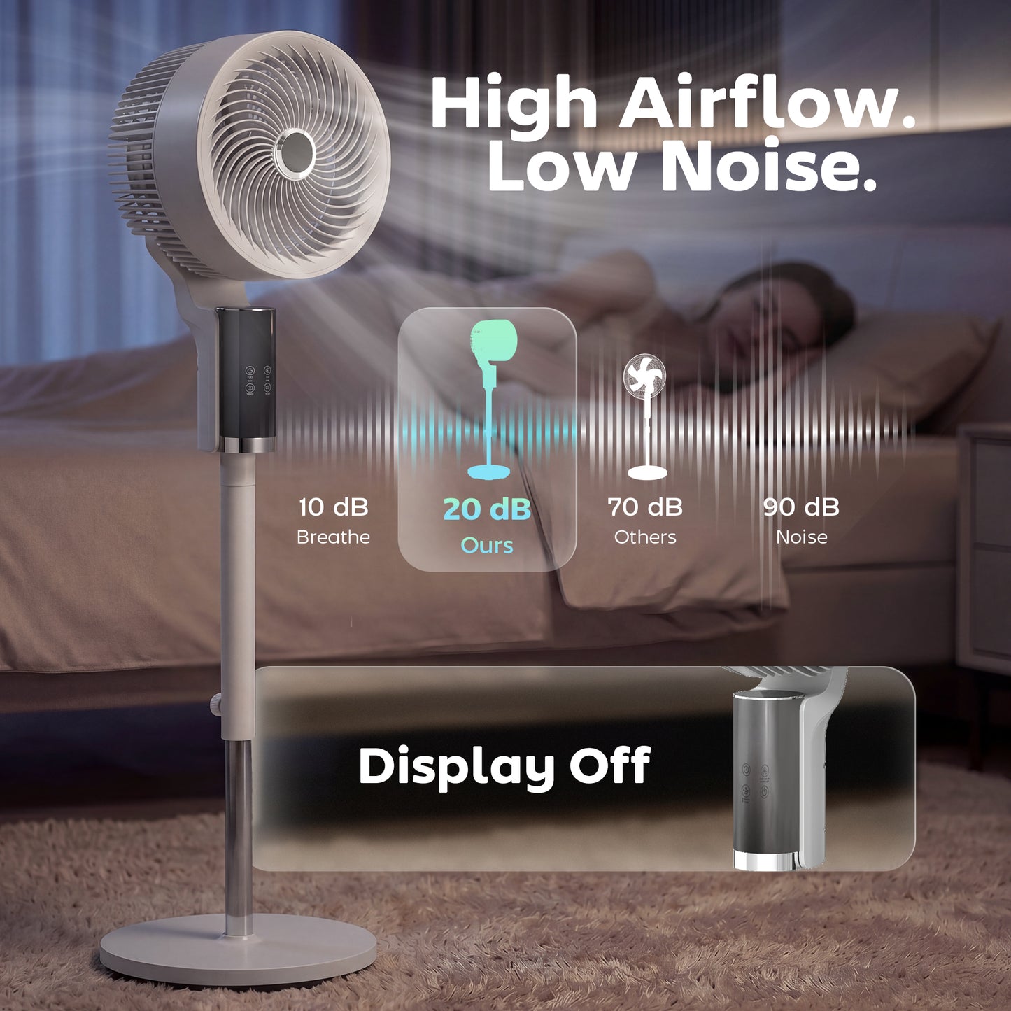 20 dB Silent Standing Fan for Bedroom, 44" Pedestal Fan with 90° Oscillating, 8 Speeds and LED Light, White