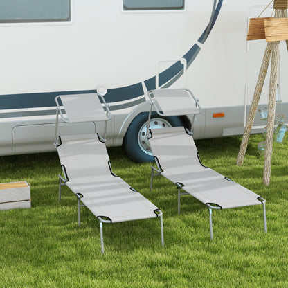 Folding Sun Lounger Set of 2 with Canopy, Reclining Sunbed with 4-Position Adjustable Backrest, 600D Oxford Cloth