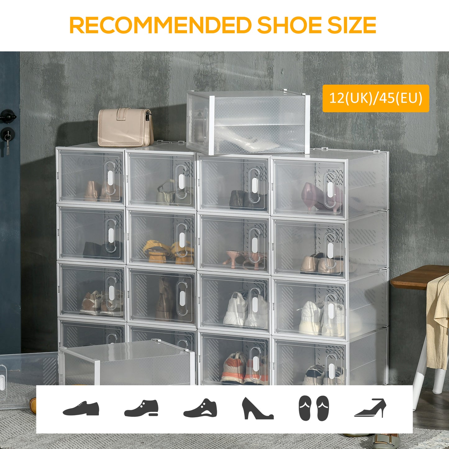 18PCS Clear Shoe Box, Plastic Stackable Shoe Storage Box for UK/EU Size up to 12/46 with Magnetic Door for Women/Men