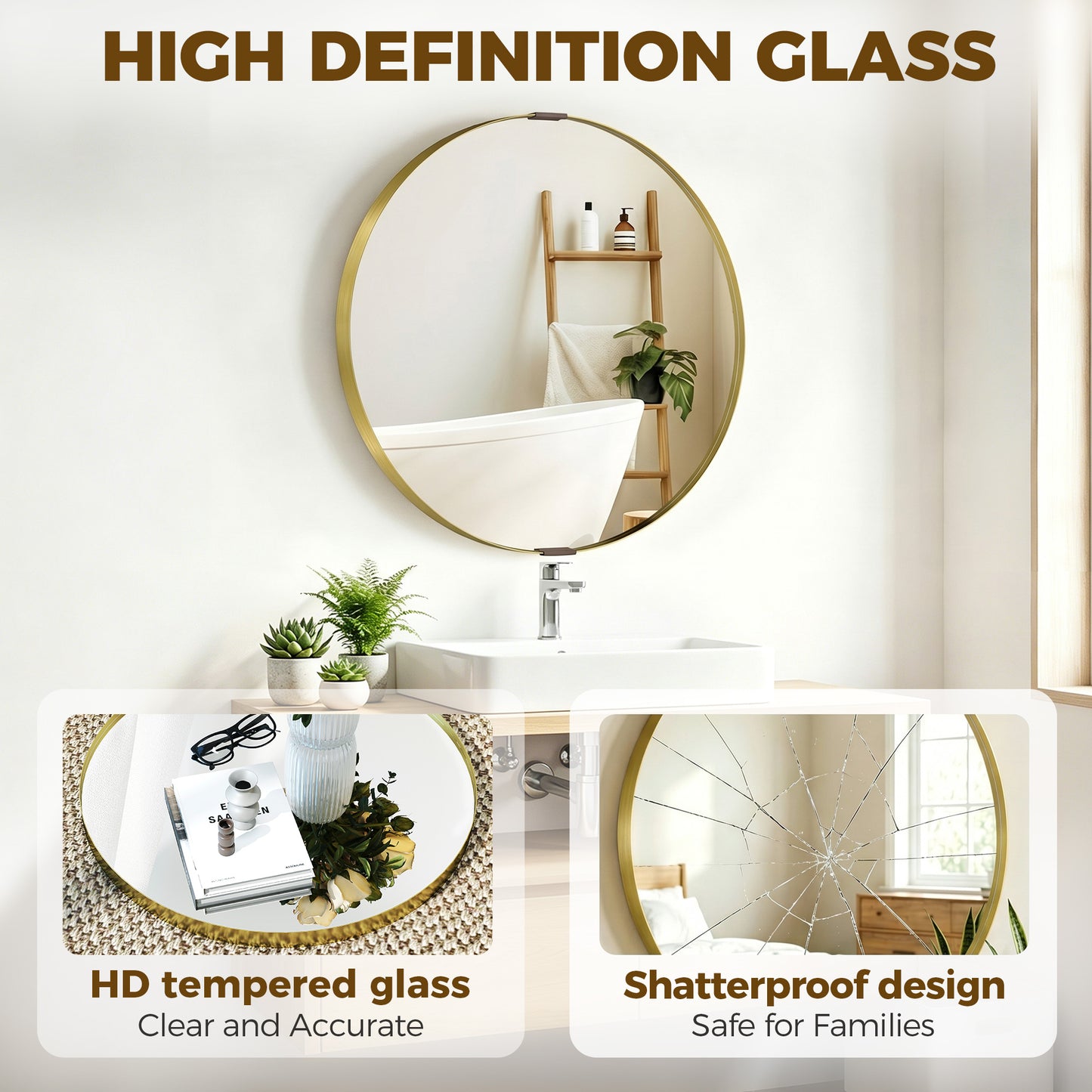 Round Wall Mirror 61 cm, Wall Mounted Bathroom Mirror with Tempered Safety Glass and Aluminium Alloy Frame, Gold Tone