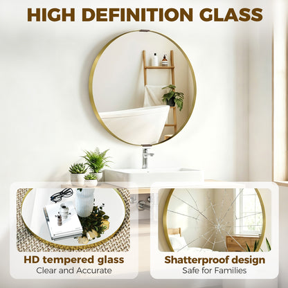Round Wall Mirror 61 cm, Wall Mounted Bathroom Mirror with Tempered Safety Glass and Aluminium Alloy Frame, Gold Tone