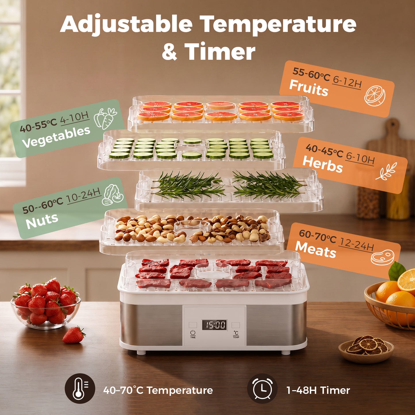 5 Tier Food Dehydrator, 245W Stainless Steel Food Dryer Machine with Adjustable Temperature