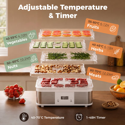 5 Tier Food Dehydrator, 245W Stainless Steel Food Dryer Machine with Adjustable Temperature