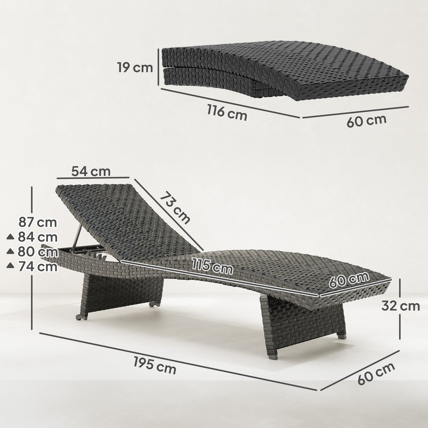 Outdoor PE Rattan Sun Lounger, Folding Wicker Garden Lounger Recliner with 4-Level Adjustable Backrest