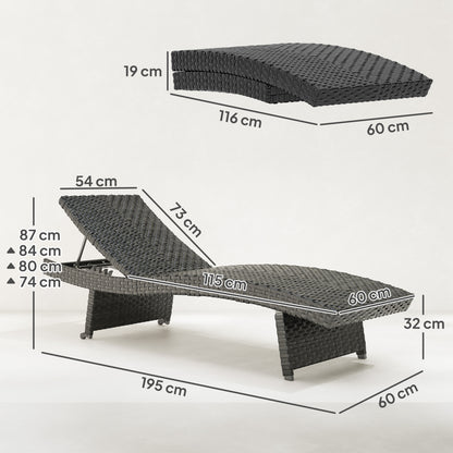 Outdoor PE Rattan Sun Lounger, Folding Wicker Garden Lounger Recliner with 4-Level Adjustable Backrest
