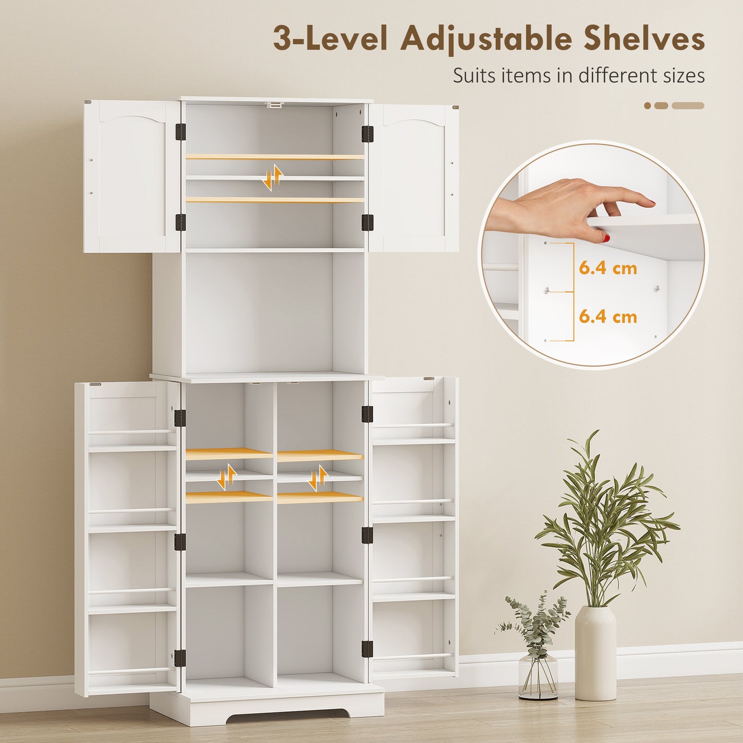 181.5 cm Freestanding Storage Cabinet, Tall Kitchen Cupboard with Adjustable Shelves, 8 Door Spice Racks, White