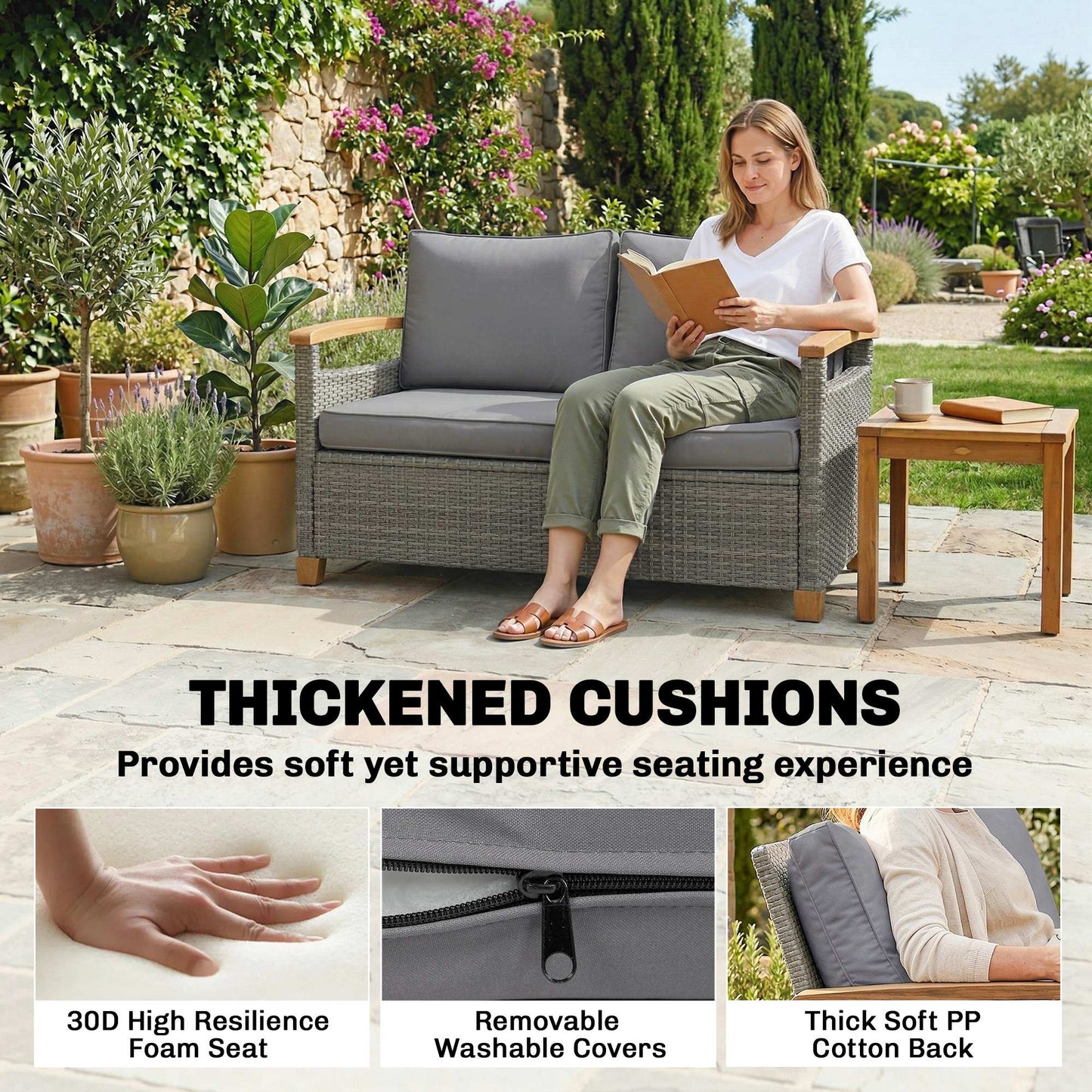 2 Seater Rattan Garden Sofa, Outdoor Sofa with Thickened Cushions and Acacia Wood Armrests, Dark Grey