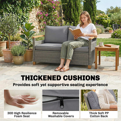 2 Seater Rattan Garden Sofa, Outdoor Sofa with Thickened Cushions and Acacia Wood Armrests, Dark Grey