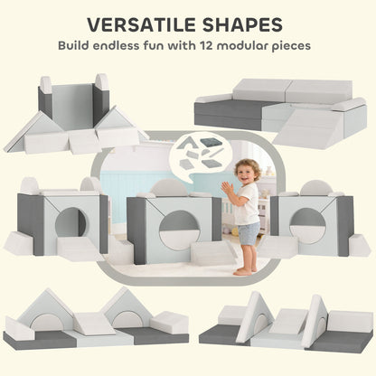 Kids Play Sofa, 12 Pieces Foam Modular Soft Play Set for Playroom, Children Convertible Sofa for Boys and Girls, Grey