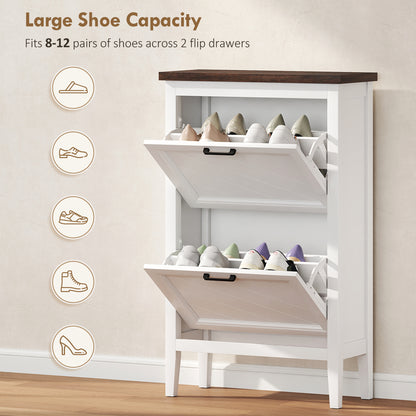 Shoe Cabinet with 2 Flip Drawers, Farmhouse Narrow Shoe Storage Cabinet with Adjustable Shelves, White