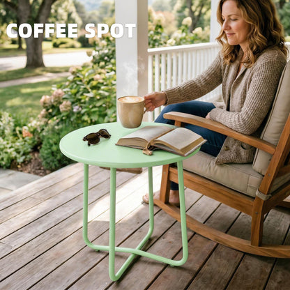 48 cm Round Garden Side Table, Small Metal Outdoor Garden Table with Rolled Edge, Green