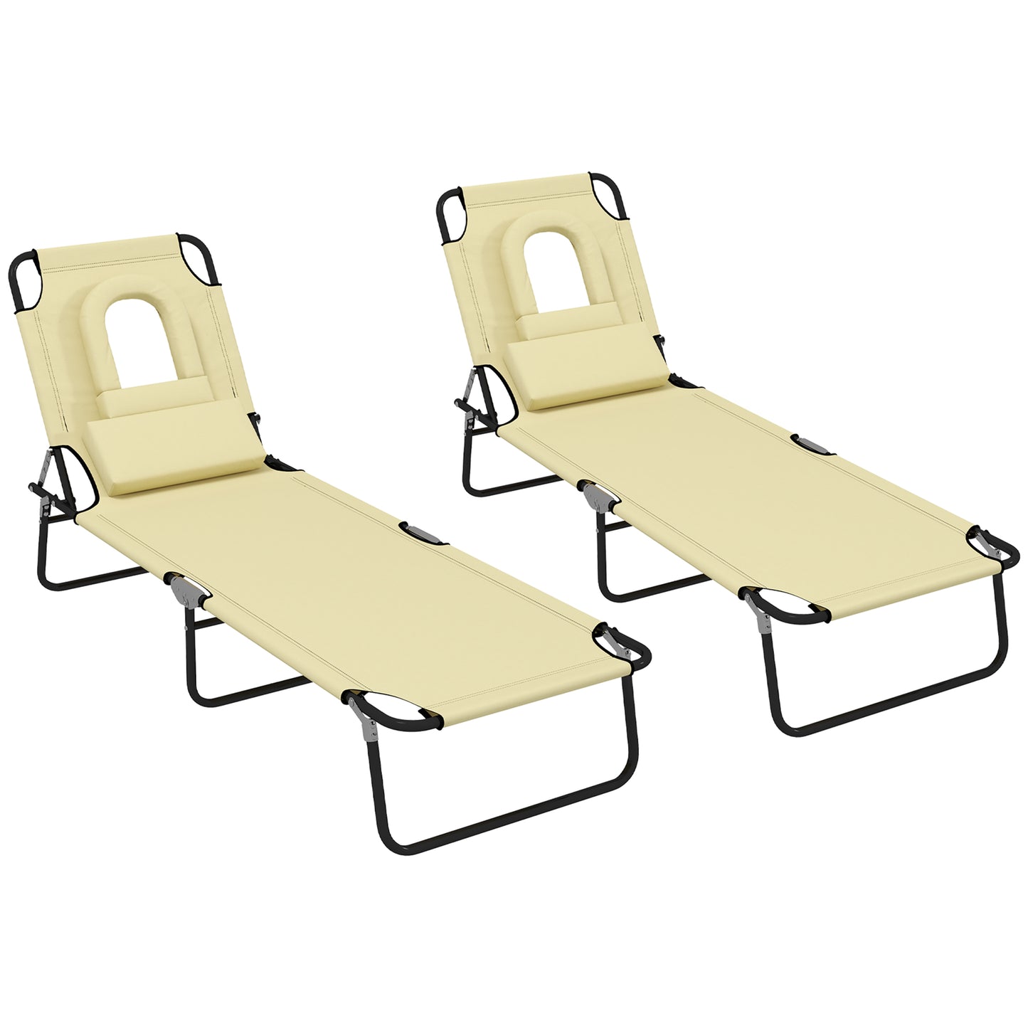 Folding Sun Loungers Set of 2 with Face Hole, 4-Position Adjustable Backrest Garden Recliner Chair Sunbed