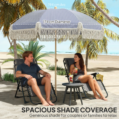 1.7 m Beach Umbrella with Sand Anchor, 30° Tilting Fringed Beach Garden Parasol with Adjustable Height, Blue
