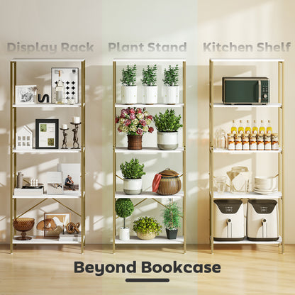 5-Tier Bookshelf, Modern Bookcase with Metal Frame - White and Gold Tone