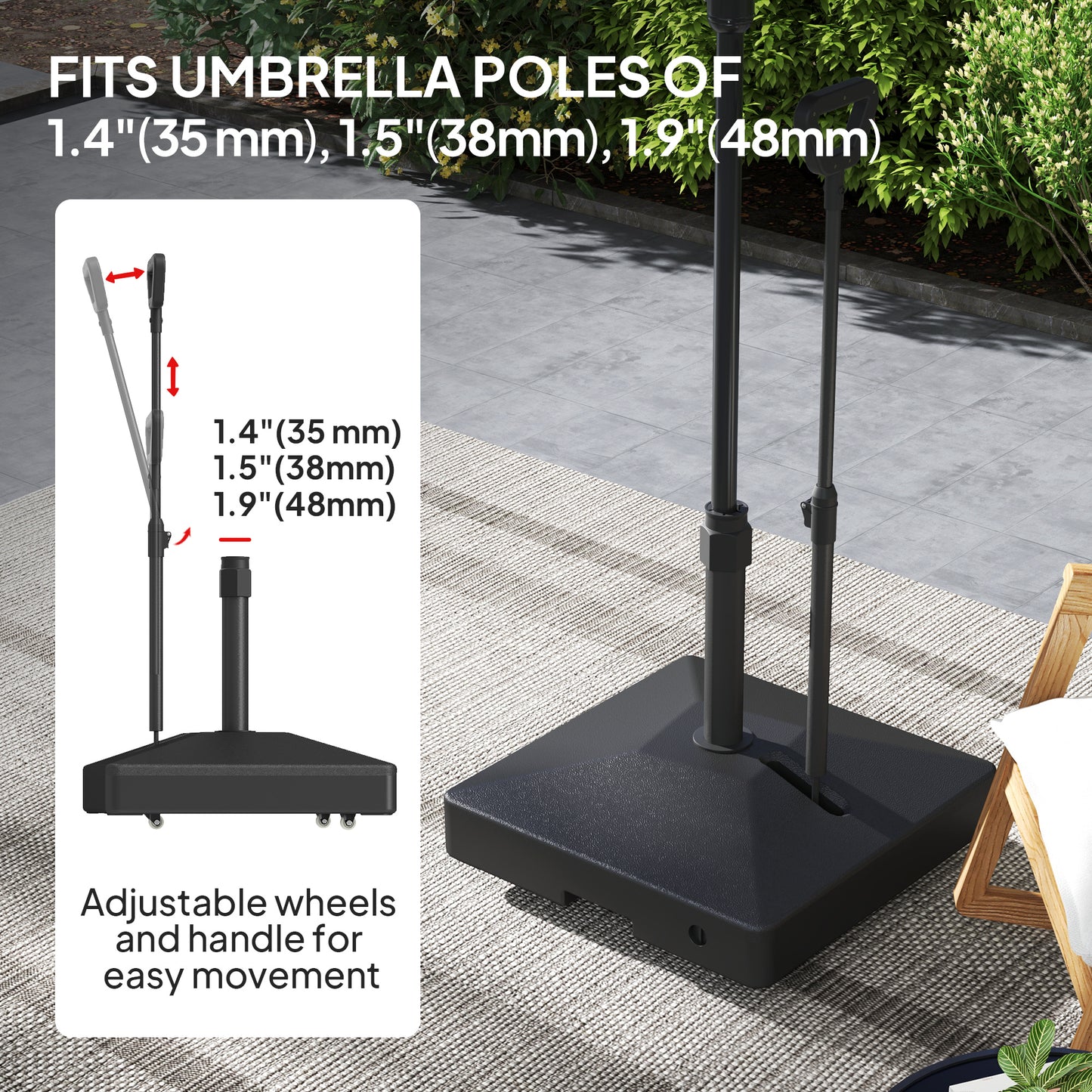 Garden Parasol Base with Adjustable Wheels and Handle, Garden Sun Umbrella Base Parasol Stand, Filled Up to 55kg with Stand