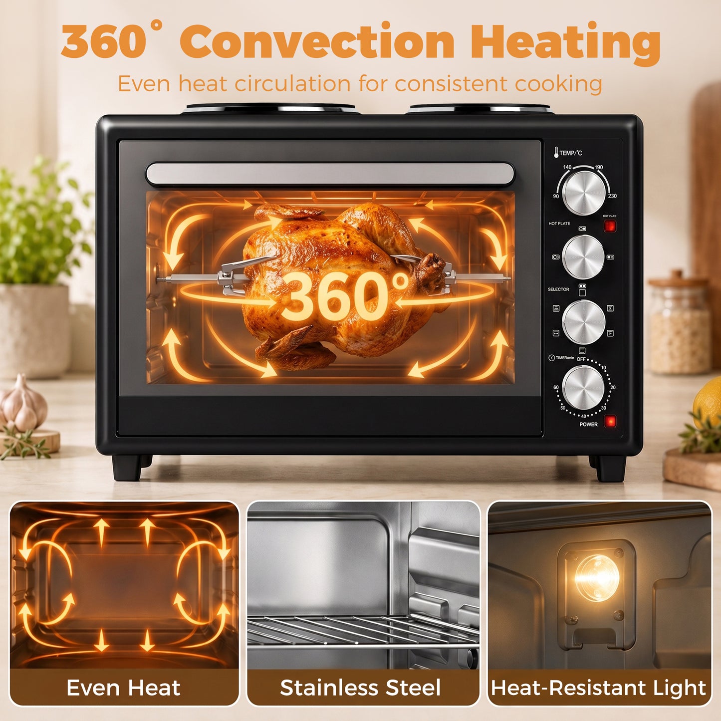46L Mini Oven with Dual Hot Plates, Electric Countertop Cooker with Convection, 90–230°C Adjustable Temperature