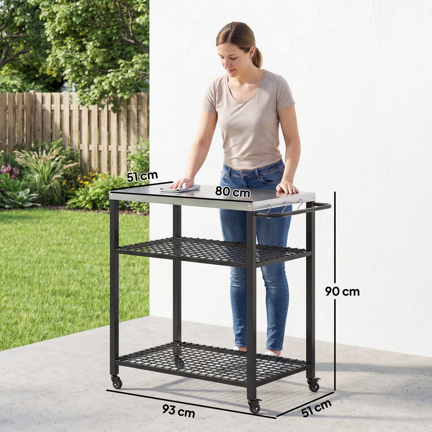 Outdoor Grill Cart with Stainless Steel Tabletop, 3-Tier Pizza Oven Stand with 2 Shelves, 6 Hooks, Wheels, Black